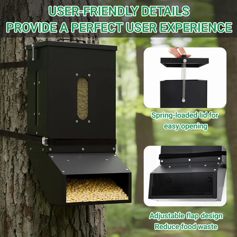 Heavy Duty 7 Gallon Gravity Deer Feeder Hanging Metal Box With Auto Dispenser Protein View Window Waterproof Galvanized Steel For Hunting Wildlife Trail Camera Ready Outdoor Durable Anti Rust Black