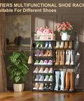 7 Tier Metal Shoe Rack Organizer With Side Pockets And Hooks For Entryway Closet Bedroom And Garage, displayed in a room.