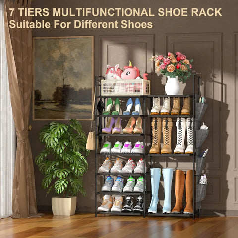 7 Tier Metal Shoe Rack Organizer With Side Pockets And Hooks For Entryway Closet Bedroom And Garage, displayed in a room.