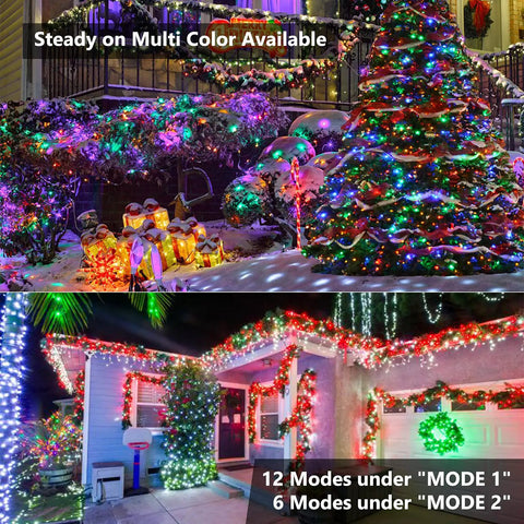 Color Changing String Lights With Remote Over 262 Feet Of 800 LED Indoor Outdoor Fairy Lights RGB Christmas Decor For Home Patio And Yard Lit Vibe For Parties illuminating houses and trees in vibrant colors.