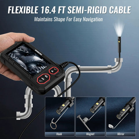Dual Lens Endoscope With 4.3 Inch IPS Display And 16.4 Foot Cable, 1920P HD Real Time Imaging, Front And Side Cameras, 170 Degree Wide Viewing Angle, Zoom And Brightness Control For Clear Inspections. Handheld screen with 16.4 ft semi-rigid cable