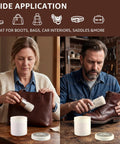 Solid Eight Ounce Leather Repair Balm And Detail Brush Kit used by a woman on a bag and a man on a boot, showing its versatility.