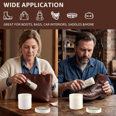 Solid Eight Ounce Leather Repair Balm And Detail Brush Kit used by a woman on a bag and a man on a boot, showing its versatility.