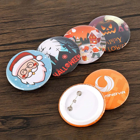 Assorted custom round pins made with DIY 58mm Button Maker Machine Kit With 1000 Button Blanks And Circle Cutter Included For Custom Badges