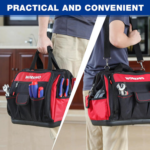 Rugged Wide Mouth Tool Bag With Waterproof Rubber Base For All Tools Heavy Duty Pro Grade Organizer With 46 Pockets