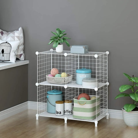 Premium Wire Cube Storage Organizer For Home And Garage Four Cube Shelving Unit in white, holding assorted containers and plants