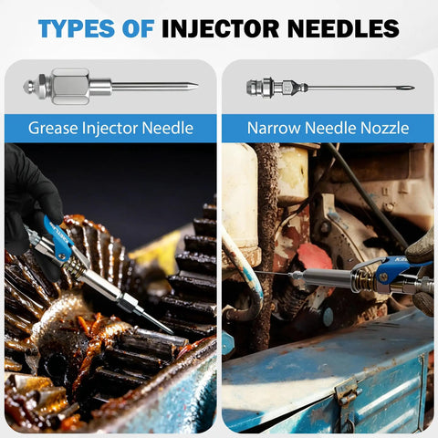 Types of injector needles: Grease injector needle and narrow needle nozzle with 8 Piece Grease Gun Fittings Kit With 90 Degree Adapter