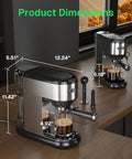Barista Grade 20 Bar Espresso Machine With Milk Frother For Ground Coffee Compact Stainless Steel Coffee Maker dimensions