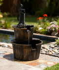 Rustic Two Tier Barrel Waterfall Fountain For Backyard Patio And Garden Bronze Finish 27 Inch Electric Water Feature