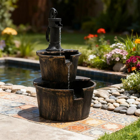 Rustic Two Tier Barrel Waterfall Fountain For Backyard Patio And Garden Bronze Finish 27 Inch Electric Water Feature