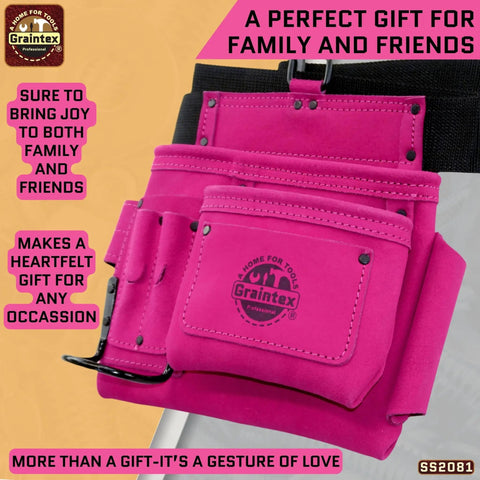 Pink Suede Leather 5 Pocket Tool Belt Bag For Women And Men, Multipurpose Construction And DIY Pouch in promotional setting.