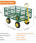 Heavy Duty Steel Garden Cart Wagon With 1400 Lb Capacity, 13 Inch All Terrain Tires, 180 Degree Rotating Swivel Handle, Green