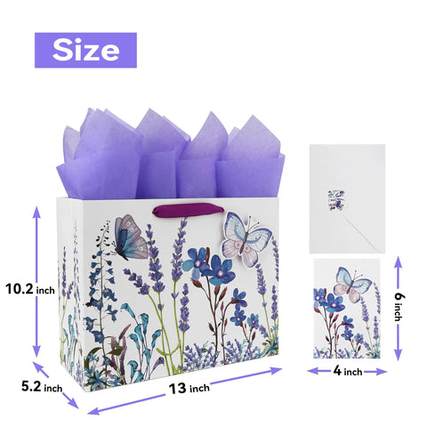 13 Inch Large Purple Gift Bag Set With Lavender Theme 3D Butterfly Accents Greeting Card And Tissue Paper
