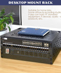 Foldable 12 Inch Depth Open Frame Server Rack on desk with IT gear, handles 180 lbs, no assembly needed, for wall or desktop use.