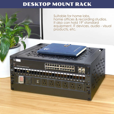 Foldable 12 Inch Depth Open Frame Server Rack on desk with IT gear, handles 180 lbs, no assembly needed, for wall or desktop use.