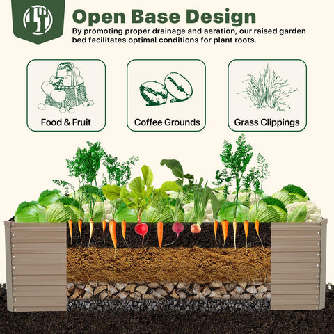 Galvanized Raised Garden Bed Kit For Vegetables Flowers And Herbs Tall Metal Garden Bed With Tools Gloves Plant Labels Brown 6x3x2 Ft Deep 2 Ft Soil Capacity section showing plant roots and layers