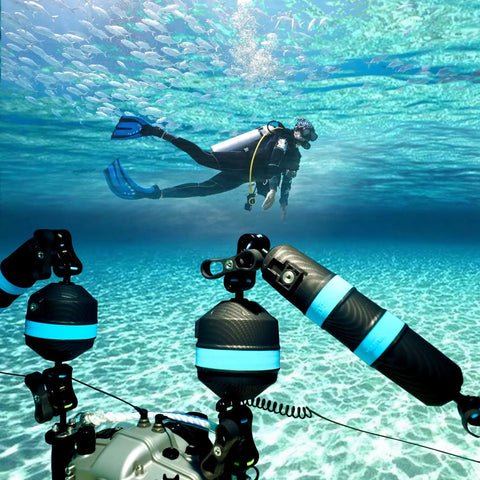 Float Arm D52 220 For Underwater Photography attached to deep sea diving gear with diver swimming in clear waters.