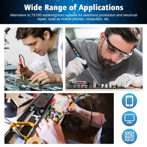 Men using 7 Types TS100 Soldering Iron Tips Replacement Kit for Mini Digital Soldering Irons on electronics
