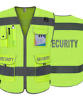 Hella Visible Mesh Safety Vest For Men And Women With Big Time Reflective Striping And Nine Deep Utility Pockets For Solid Day Or Night Job Site Wear In Bright Yellow Xl, front and back view with security text.