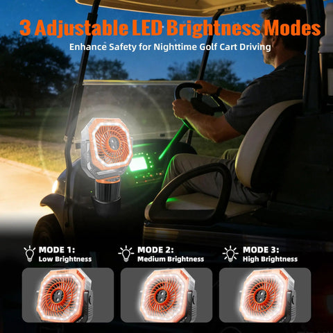 48Hrs Golf Cart Misting Fan on cart showing LED brightness modes, cup holder attachment, and misting feature