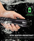 Hand holding Two Pack Beefed Up LED Tactical Flashlights With Zoomable Beam, 5 Modes, waterproof for camping and emergencies.