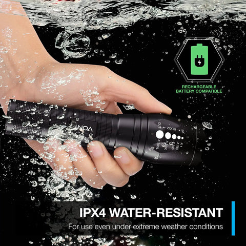 Hand holding Two Pack Beefed Up LED Tactical Flashlights With Zoomable Beam, 5 Modes, waterproof for camping and emergencies.