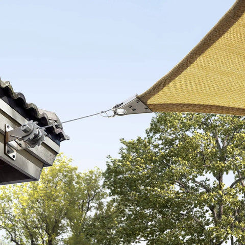 Beige Triangle Sun Shade Sail 12 By 12 By 12 Feet With Super Ring Edges UPF50 Plus UV Blockage 98 Percent Commercial Grade Heavy Duty 260 GSM Patio Canopy installed view