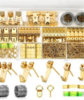 Killer 322 Piece Picture Hanging Hardware Kit With Heavy Duty Wall Mount Anchors And Reliable Frame Hooks For Zero Stress Drywall Art Display And Professional Diy Home Upgrade, gold hooks and fasteners organized in a clear box.