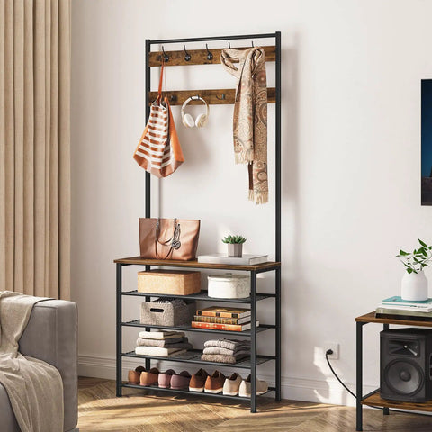 Coat Rack With Bench And Five Tier Shoe Storage Organizer With Nine Hooks For Entryway Or Mudroom Sturdy Industrial Rustic Brown And Black Hall Tree No Brainer For Busy Homes