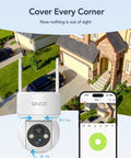 Solar Powered Outdoor Security Camera With All Around 360 Degree View And Color Night Vision AI Human Detection 2 Way Audio Spotlight Siren IP65 Weatherproof 2.4G WiFi Battery Or Solar Powered Local SD Card And Cloud Storage shown with phone app and home
