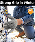 Person wearing 12 Pairs Winter Work Gloves With PU Coating, ANSI Cut Level 5 Protection while adjusting snow tire chains.