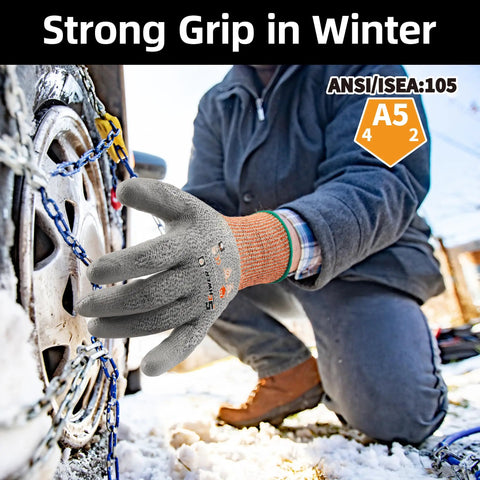 Person wearing 12 Pairs Winter Work Gloves With PU Coating, ANSI Cut Level 5 Protection while adjusting snow tire chains.