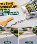 No Mess Waterproof Concrete Crack Filler And Sealant With Self Leveling Formula For Driveways Sidewalks And Patios Ready To Use Patch Pack applied to repair a crack, showcasing a before and after comparison.