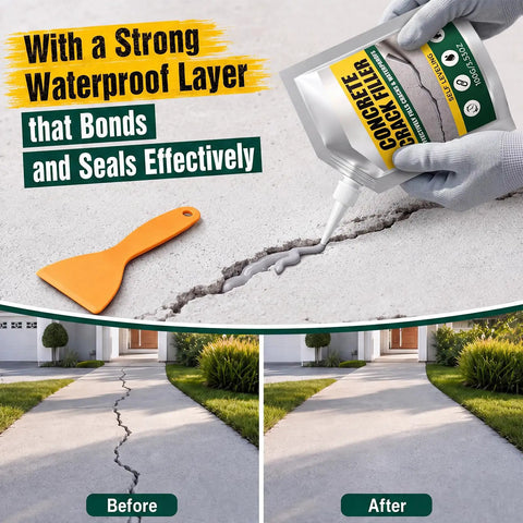 No Mess Waterproof Concrete Crack Filler And Sealant With Self Leveling Formula For Driveways Sidewalks And Patios Ready To Use Patch Pack applied to repair a crack, showcasing a before and after comparison.