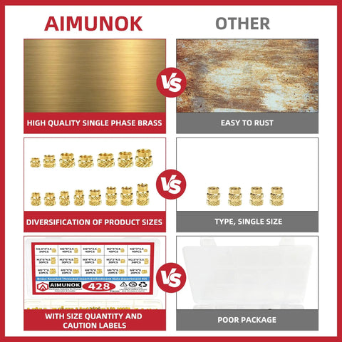 Comparison chart showing brass threaded inserts kit quality and packaging versus alternative products.