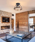 Living room with Industrial Flush Mount Ceiling Light With Retro Wood Circle Shade, stone fireplace, and rustic decor.