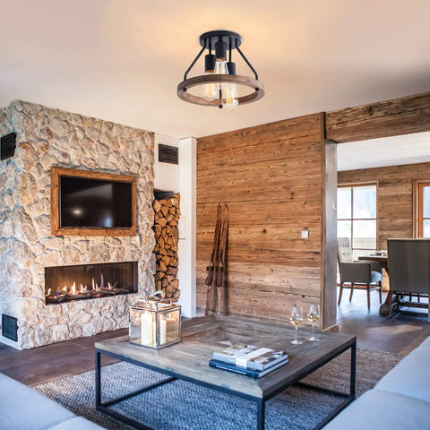 Living room with Industrial Flush Mount Ceiling Light With Retro Wood Circle Shade, stone fireplace, and rustic decor.