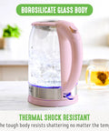1.7 Liter Glass Electric Kettle With Fast Heat And Easy One Touch Start No Fuss Filtered Spout For Clean Pour LED Base Auto Shut Off Cordless Serving Great For Tea And Coffee Pink