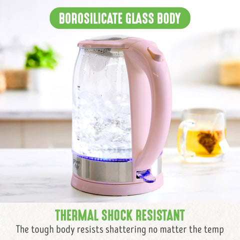 1.7 Liter Glass Electric Kettle With Fast Heat And Easy One Touch Start No Fuss Filtered Spout For Clean Pour LED Base Auto Shut Off Cordless Serving Great For Tea And Coffee Pink