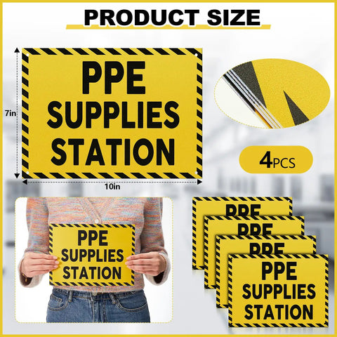 4 Pack PPE Supplies Station Sign 10 By 7 Inches Plastic Sign For Workplace With Mounting Holes Indoor Outdoor Construction Yellow With Black Prints Durable PVC