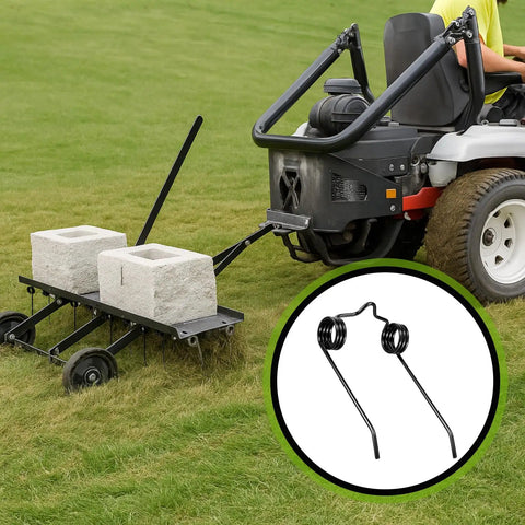 20 Pcs Dethatcher Replacement Spring Tines for Lawn Tractor Attachment tow-behind rake shown in use on grass