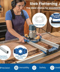 Worker using Pro Grade Slab Flattening Router Sled For Woodworking to flatten wooden slab with setup details shown