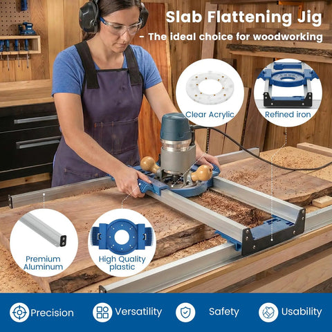 Worker using Pro Grade Slab Flattening Router Sled For Woodworking to flatten wooden slab with setup details shown