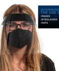 Person wearing Black Full Face Shields Case Of 200 Anti Fog PET Plastic Protection For Eyes Nose And Mouth With Elastic Headband
