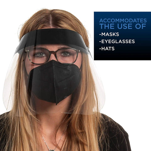 Person wearing Black Full Face Shields Case Of 200 Anti Fog PET Plastic Protection For Eyes Nose And Mouth With Elastic Headband