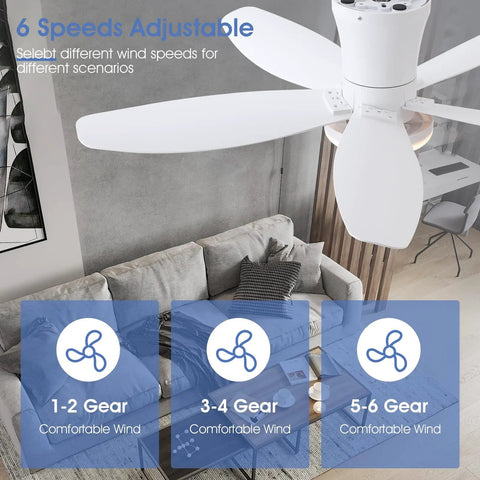 Low Profile 36 Inch Ceiling Fan With Remote And App Control, Dimmable LED Lights, shown above a living room with wind options displayed