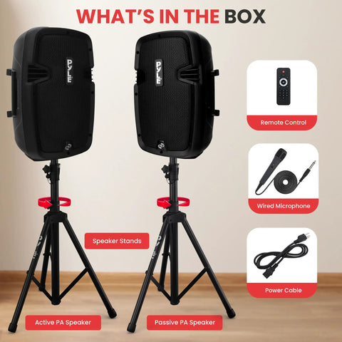 Powerful Dual 8 Inch Active And Passive PA System Kit With 700 Watt Max Output Microphone Bluetooth Streaming MP3 USB SD AUX Playback And Stands For Live Gigs And Events Gig Ready with speakers and accessories