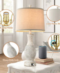 Two Pack 26 Inch Farmhouse Table Lamps with USB Charging Ports, rotary switch, E26 base, linen fabric shade, and resin body.