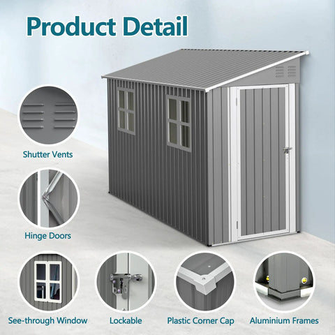Lean To Shed 4x10 Ft With Floor Frame And Windows Heavy Duty Metal Outdoor Storage Shed shown with vents and doors details.
