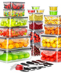 40 Piece Food Storage Container Set with Airtight Lids Stackable Plastic Meal Prep Containers filled with fruits and snacks